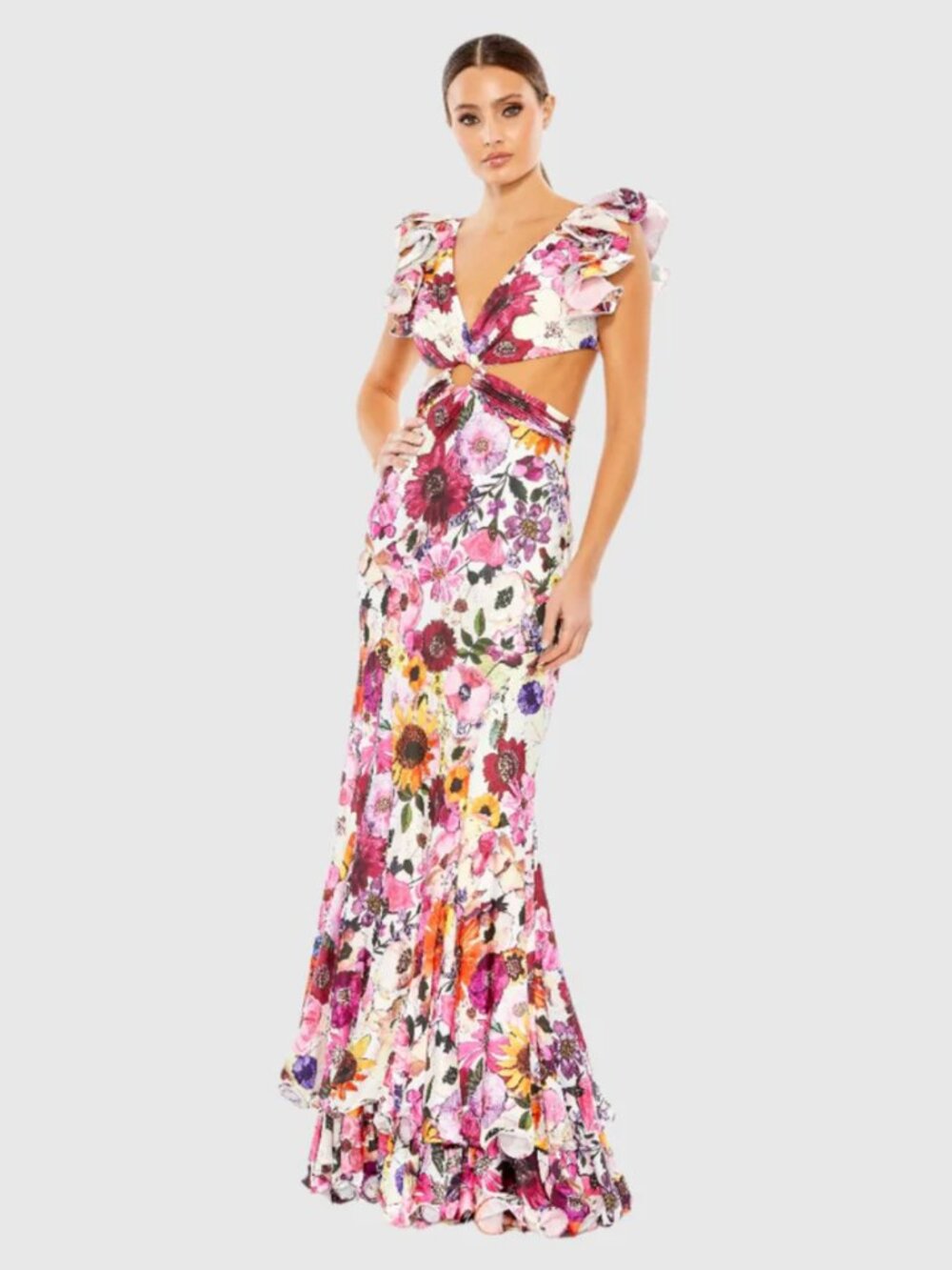 Mac Duggal | Multicolor Floral Print Ruffle Shoulder Cut Out Gown